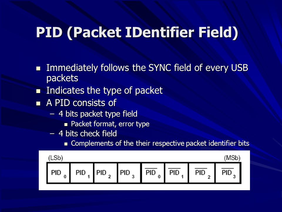 Protocol Layer Bottom-up view of the USB protocol Bottom-up view of the USB  protocol –Byte/Bit Ordering –SYNC Field –Packet Field Formats PID Field  PID. - ppt download