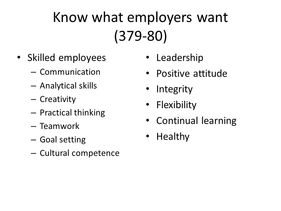 Know what employers want (379-80) Skilled employees – Communication – Analytical skills – Creativity – Practical thinking – Teamwork – Goal setting – Cultural competence Leadership Positive attitude Integrity Flexibility Continual learning Healthy