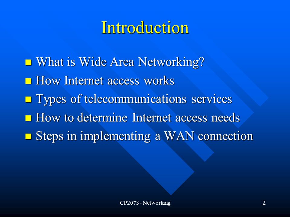 CP Networking2 Introduction What is Wide Area Networking.