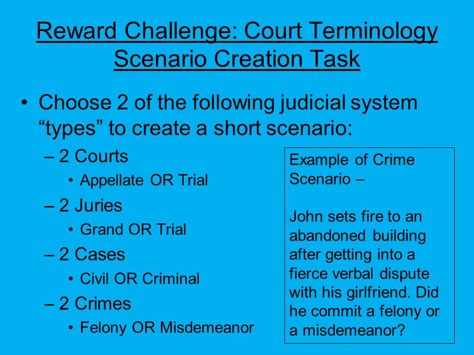Appellate Court Trial Court Grand Jury Trial Jury Civil Cases Criminal Cases Felony Misdemeanor Terminology Flowchart for Georgia’s Judicial Branch Courts 2 Types of Courts Juries 2 Types of Juries Cases 2 Types of Cases Crimes 2 Types of Crimes