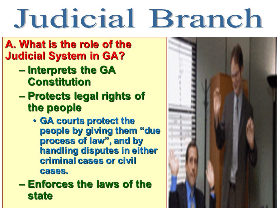 GA GOVERNMENT EDITION DAY 9: The Judicial Branch of the state of Georgia SS8CG4 - The student will analyze the role of the judicial branch in Georgia state government.
