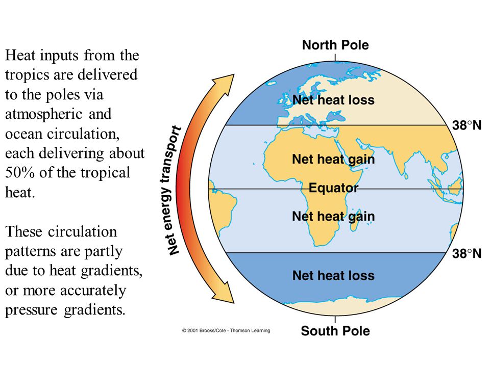 Heat inputs from the tropics are delivered to the poles via atmospheric and ocean circulation, each delivering about 50% of the tropical heat.