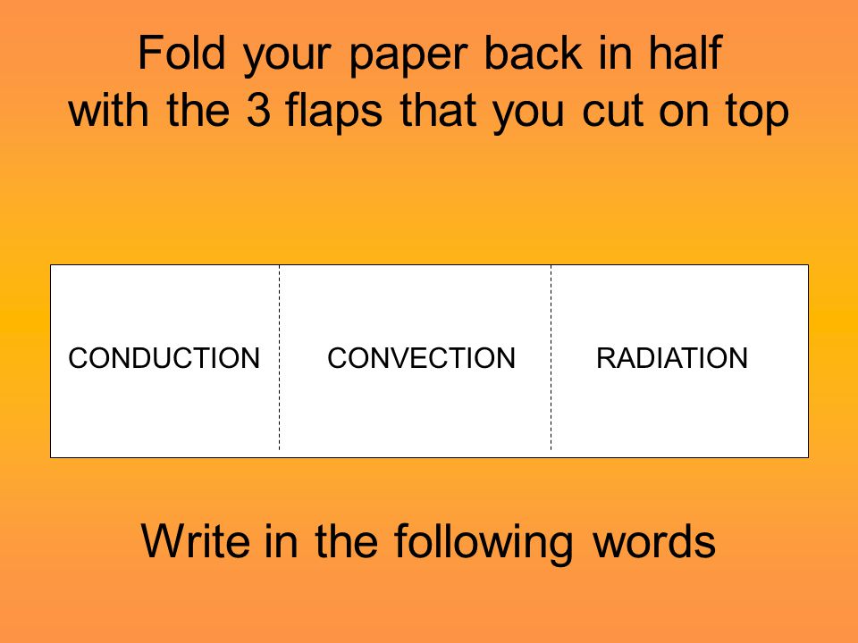 Fold your paper back in half with the 3 flaps that you cut on top Write in the following words CONDUCTIONCONVECTIONRADIATION