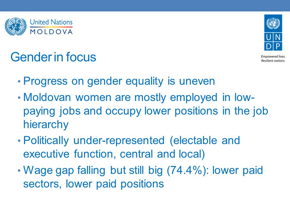 Gender in focus Progress on gender equality is uneven Moldovan women are mostly employed in low- paying jobs and occupy lower positions in the job hierarchy Politically under-represented (electable and executive function, central and local) Wage gap falling but still big (74.4%): lower paid sectors, lower paid positions