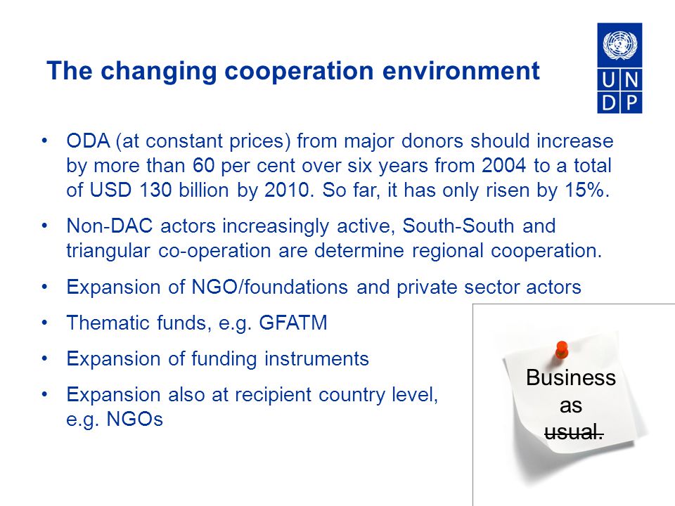 The changing cooperation environment ODA (at constant prices) from major donors should increase by more than 60 per cent over six years from 2004 to a total of USD 130 billion by 2010.