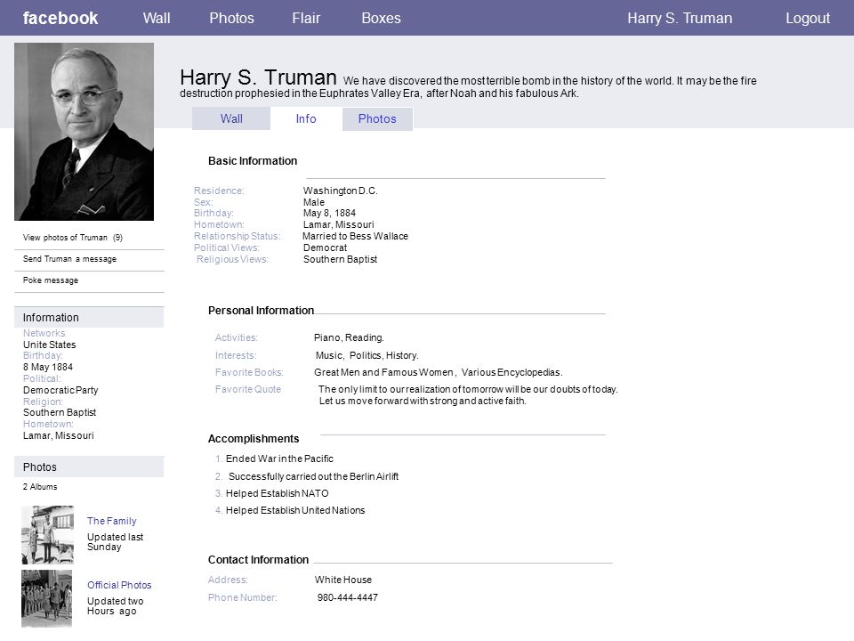 Personal Information facebook Harry S.