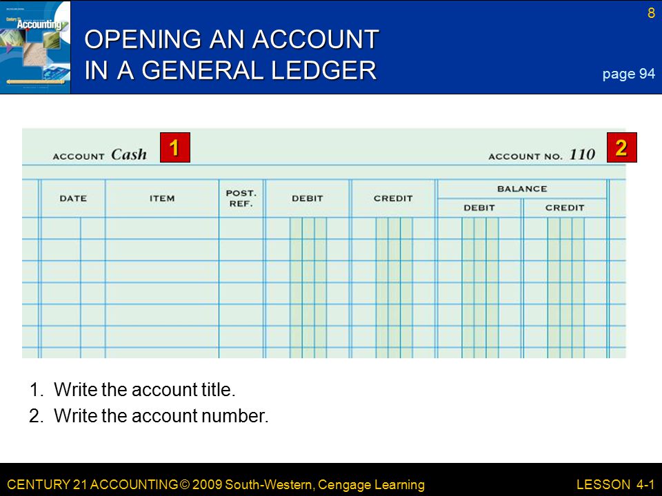 CENTURY 21 ACCOUNTING © 2009 South-Western, Cengage Learning 8 LESSON Write the account title.
