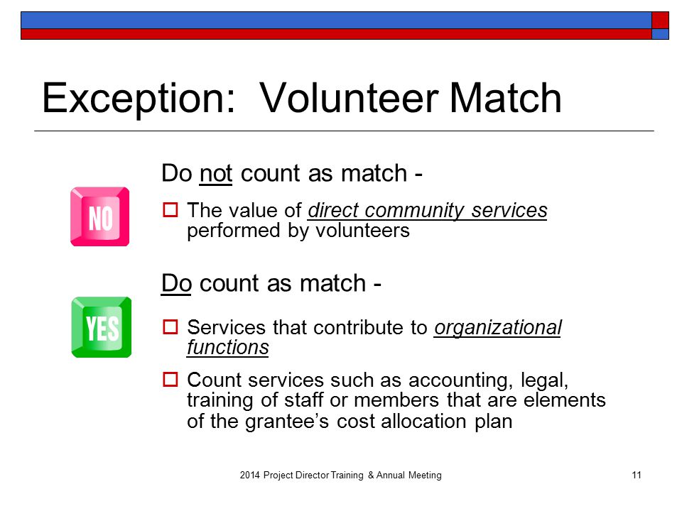 Exception: Volunteer Match Do not count as match -  The value of direct community services performed by volunteers Do count as match -  Services that contribute to organizational functions  Count services such as accounting, legal, training of staff or members that are elements of the grantee’s cost allocation plan Project Director Training & Annual Meeting