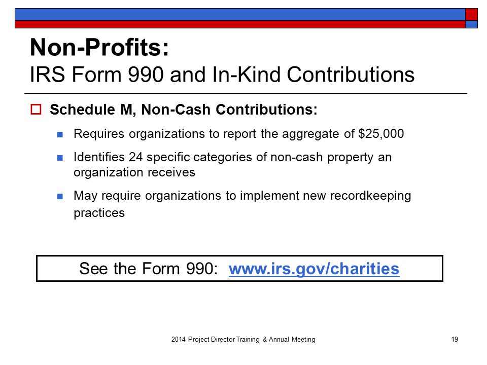 Non-Profits: IRS Form 990 and In-Kind Contributions  Schedule M, Non-Cash Contributions: Requires organizations to report the aggregate of $25,000 Identifies 24 specific categories of non-cash property an organization receives May require organizations to implement new recordkeeping practices 19 See the Form 990: Project Director Training & Annual Meeting