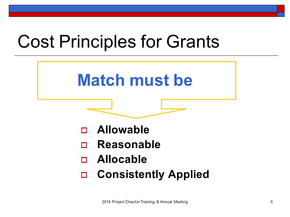 Cost Principles for Grants  Allowable  Reasonable  Allocable  Consistently Applied 6 Match must be 2014 Project Director Training & Annual Meeting
