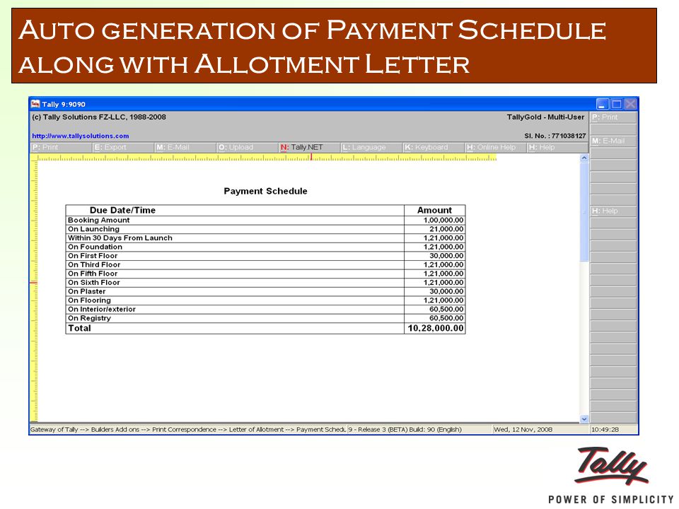 Auto generation of Payment Schedule along with Allotment Letter