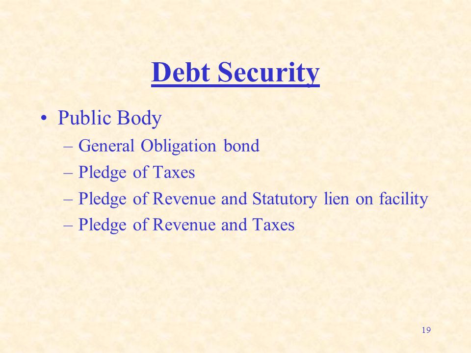 19 Debt Security Public Body –General Obligation bond –Pledge of Taxes –Pledge of Revenue and Statutory lien on facility –Pledge of Revenue and Taxes
