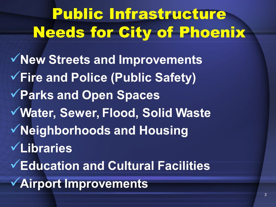 3 Public Infrastructure Needs for City of Phoenix New Streets and Improvements Fire and Police (Public Safety) Parks and Open Spaces Water, Sewer, Flood, Solid Waste Neighborhoods and Housing Libraries Education and Cultural Facilities Airport Improvements
