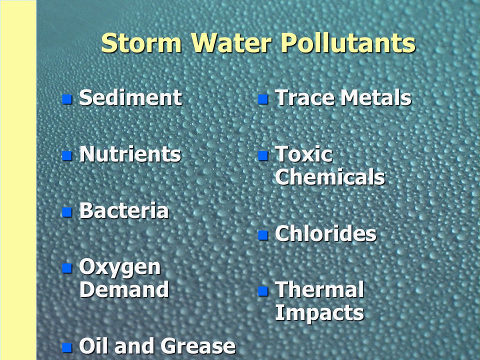 Storm Water Pollutants n Sediment n Nutrients n Bacteria n Oxygen Demand n Oil and Grease n Trace Metals n Toxic Chemicals n Chlorides n Thermal Impacts