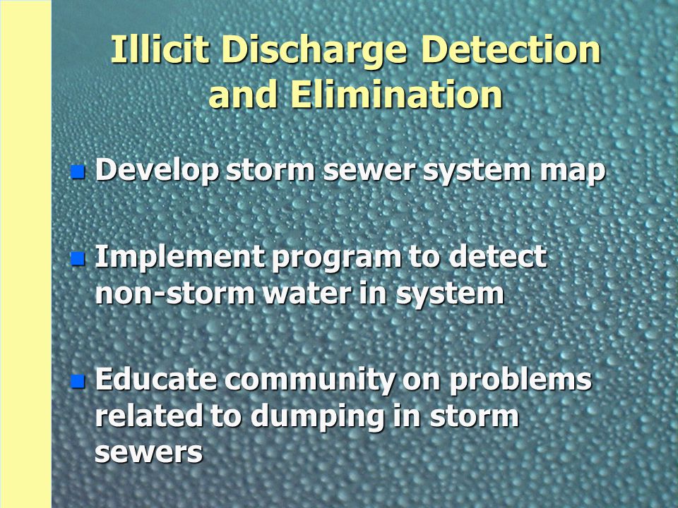 Illicit Discharge Detection and Elimination n Develop storm sewer system map n Implement program to detect non-storm water in system n Educate community on problems related to dumping in storm sewers