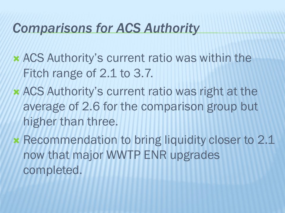  ACS Authority’s current ratio was within the Fitch range of 2.1 to 3.7.