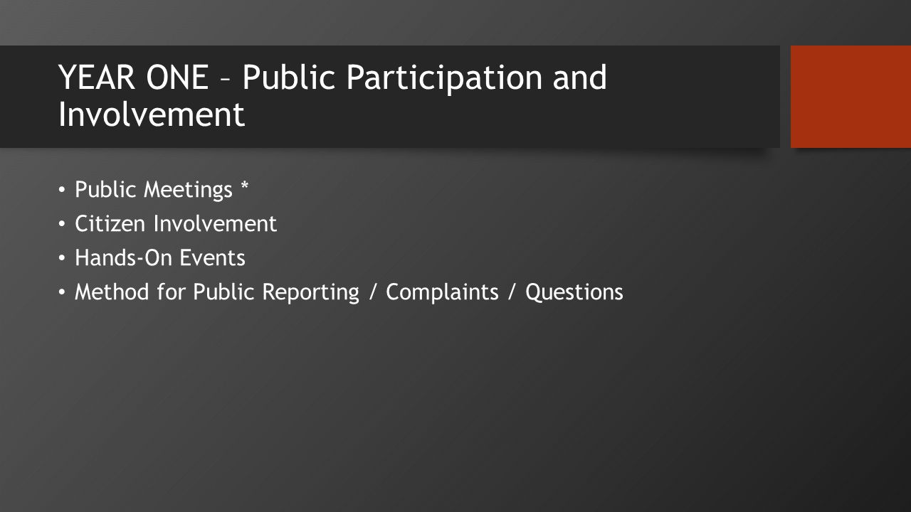YEAR ONE – Public Participation and Involvement Public Meetings * Citizen Involvement Hands-On Events Method for Public Reporting / Complaints / Questions