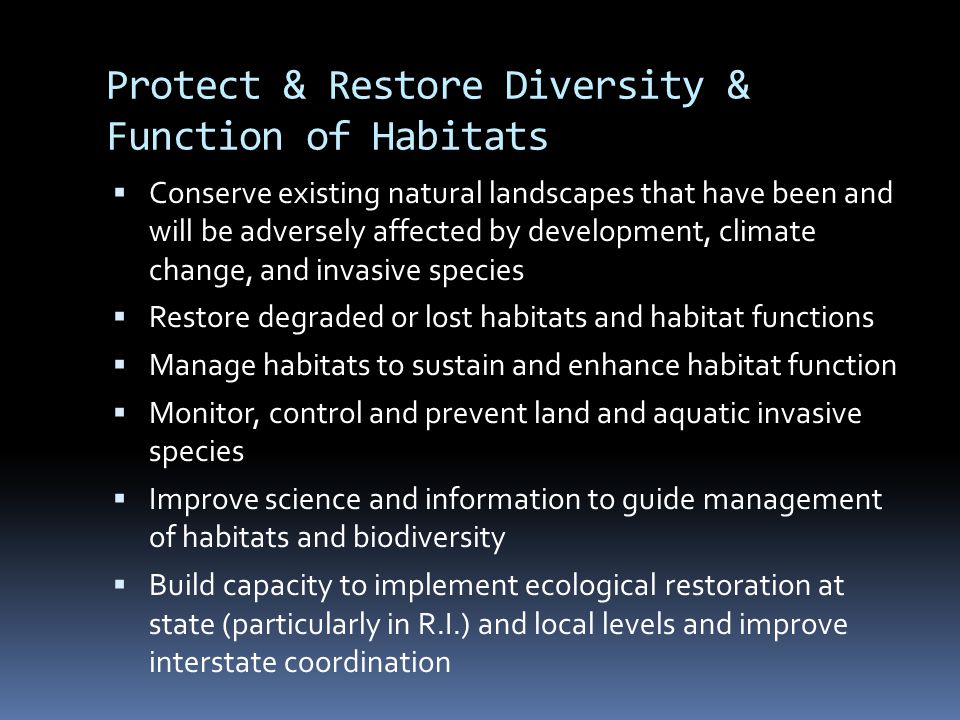 Protect & Restore Diversity & Function of Habitats  Conserve existing natural landscapes that have been and will be adversely affected by development, climate change, and invasive species  Restore degraded or lost habitats and habitat functions  Manage habitats to sustain and enhance habitat function  Monitor, control and prevent land and aquatic invasive species  Improve science and information to guide management of habitats and biodiversity  Build capacity to implement ecological restoration at state (particularly in R.I.) and local levels and improve interstate coordination