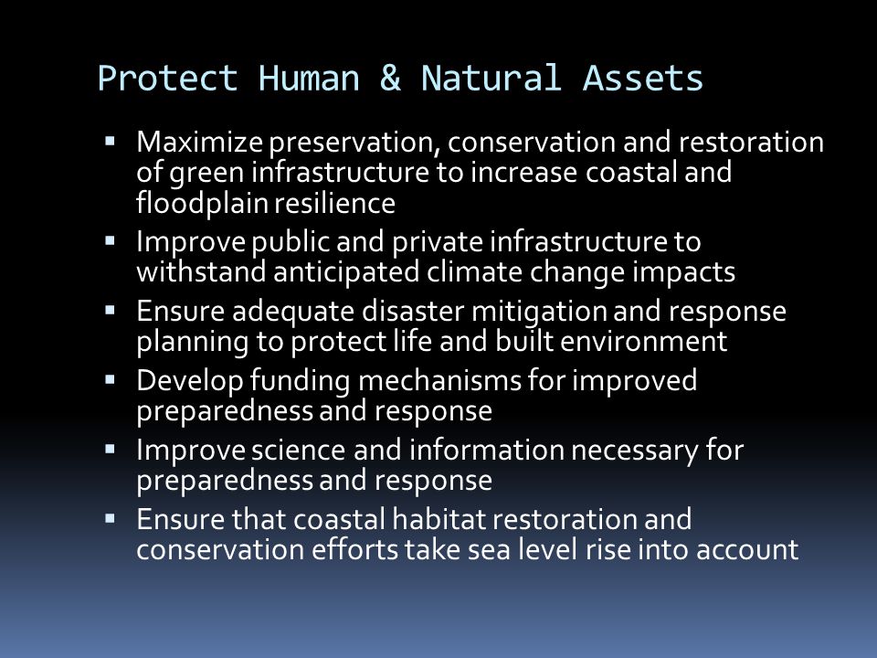 Protect Human & Natural Assets  Maximize preservation, conservation and restoration of green infrastructure to increase coastal and floodplain resilience  Improve public and private infrastructure to withstand anticipated climate change impacts  Ensure adequate disaster mitigation and response planning to protect life and built environment  Develop funding mechanisms for improved preparedness and response  Improve science and information necessary for preparedness and response  Ensure that coastal habitat restoration and conservation efforts take sea level rise into account