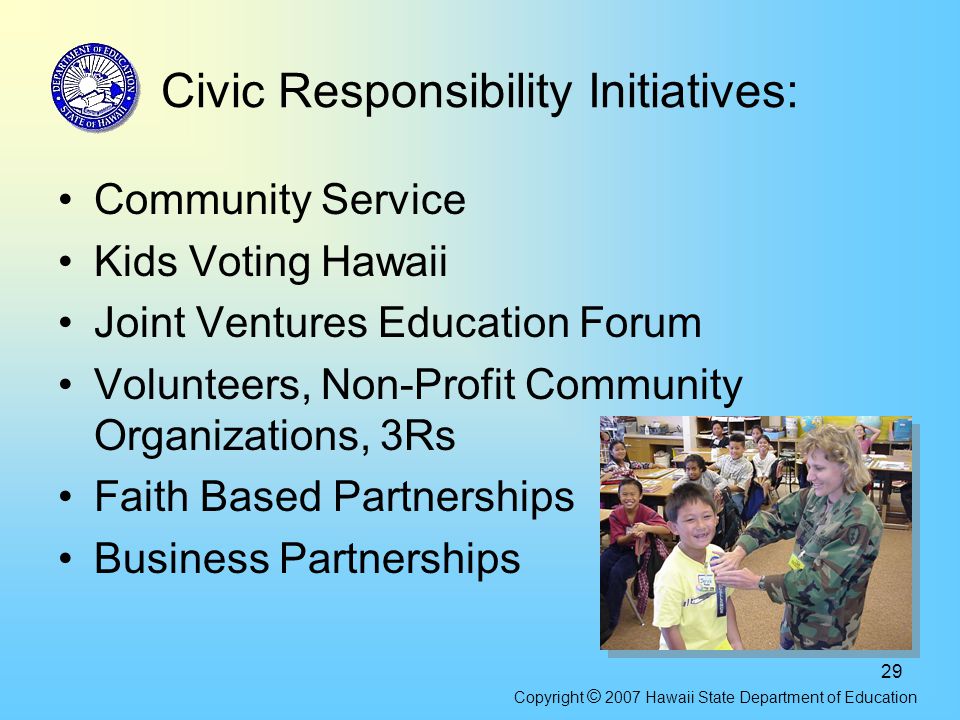 29 Civic Responsibility Initiatives: Community Service Kids Voting Hawaii Joint Ventures Education Forum Volunteers, Non-Profit Community Organizations, 3Rs Faith Based Partnerships Business Partnerships Copyright © 2007 Hawaii State Department of Education