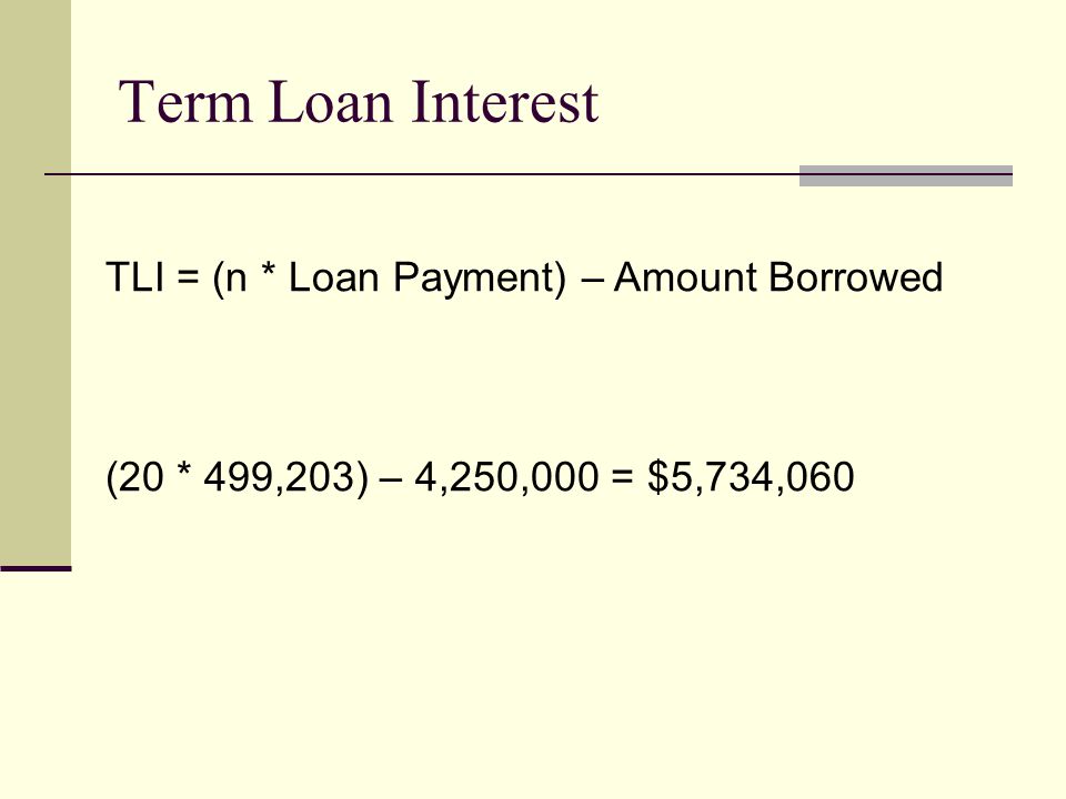 Term Loan Interest TLI = (n * Loan Payment) – Amount Borrowed (20 * 499,203) – 4,250,000 = $5,734,060