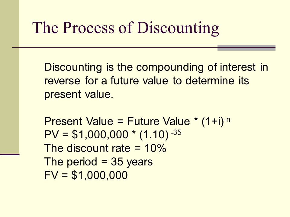 The Process of Discounting Discounting is the compounding of interest in reverse for a future value to determine its present value.