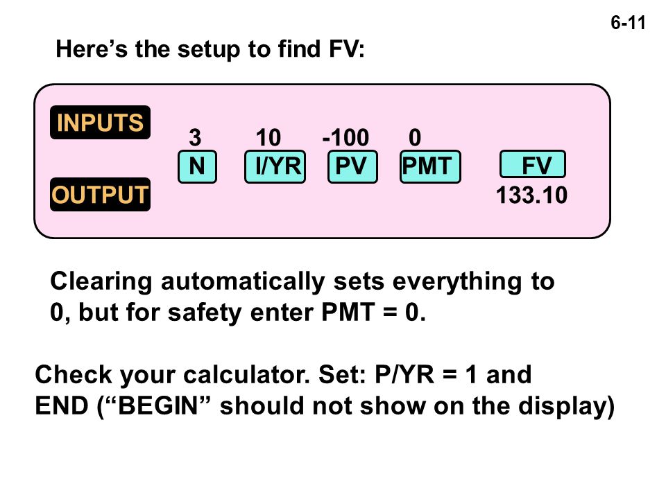 NI/YR PV PMTFV INPUTS OUTPUT Here’s the setup to find FV: Clearing automatically sets everything to 0, but for safety enter PMT = 0.