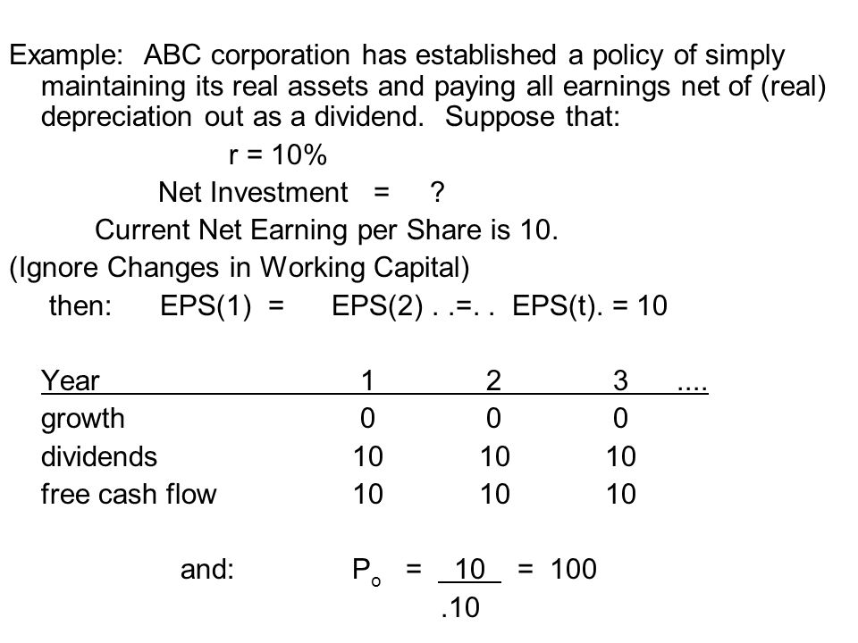 Example: ABC corporation has established a policy of simply maintaining its real assets and paying all earnings net of (real) depreciation out as a dividend.