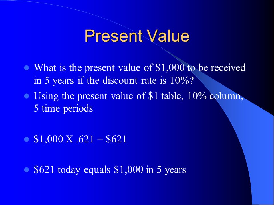 Present Value What is the present value of $1,000 to be received in 5 years if the discount rate is 10%.