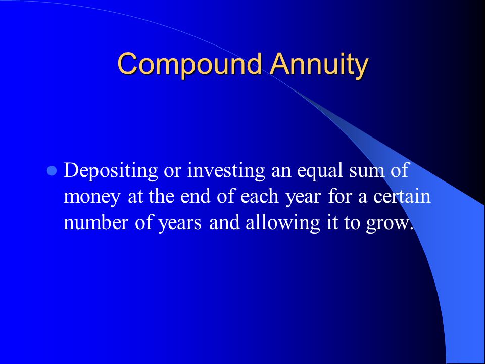 Compound Annuity Depositing or investing an equal sum of money at the end of each year for a certain number of years and allowing it to grow.