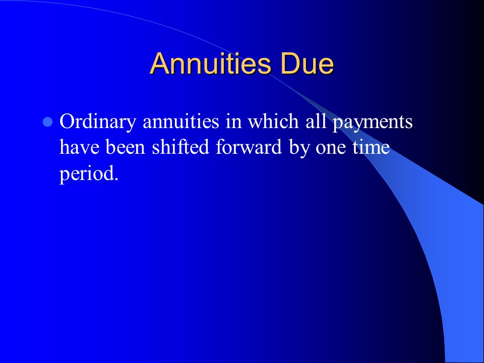 Annuities Due Ordinary annuities in which all payments have been shifted forward by one time period.