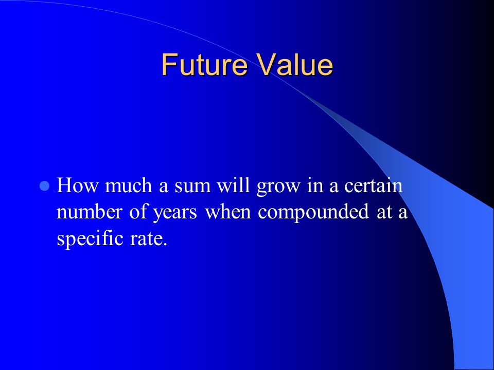 Future Value How much a sum will grow in a certain number of years when compounded at a specific rate.