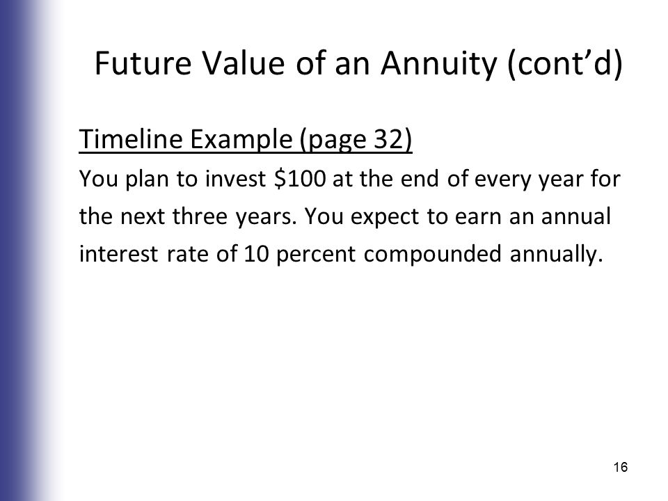 Future Value of an Annuity (cont’d) Timeline Example (page 32) You plan to invest $100 at the end of every year for the next three years.