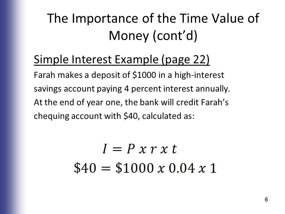 The Importance of the Time Value of Money (cont’d) Simple Interest Example (page 22) Farah makes a deposit of $1000 in a high-interest savings account paying 4 percent interest annually.