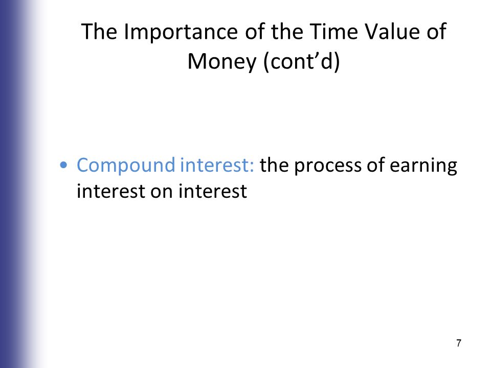 The Importance of the Time Value of Money (cont’d) Compound interest: the process of earning interest on interest 7
