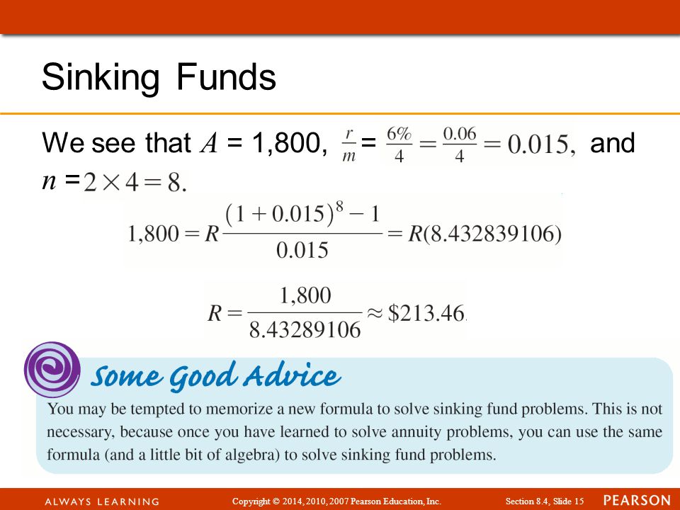 Copyright © 2014, 2010, 2007 Pearson Education, Inc.Section 8.4, Slide 15 Sinking Funds We see that A = 1,800, = and n =