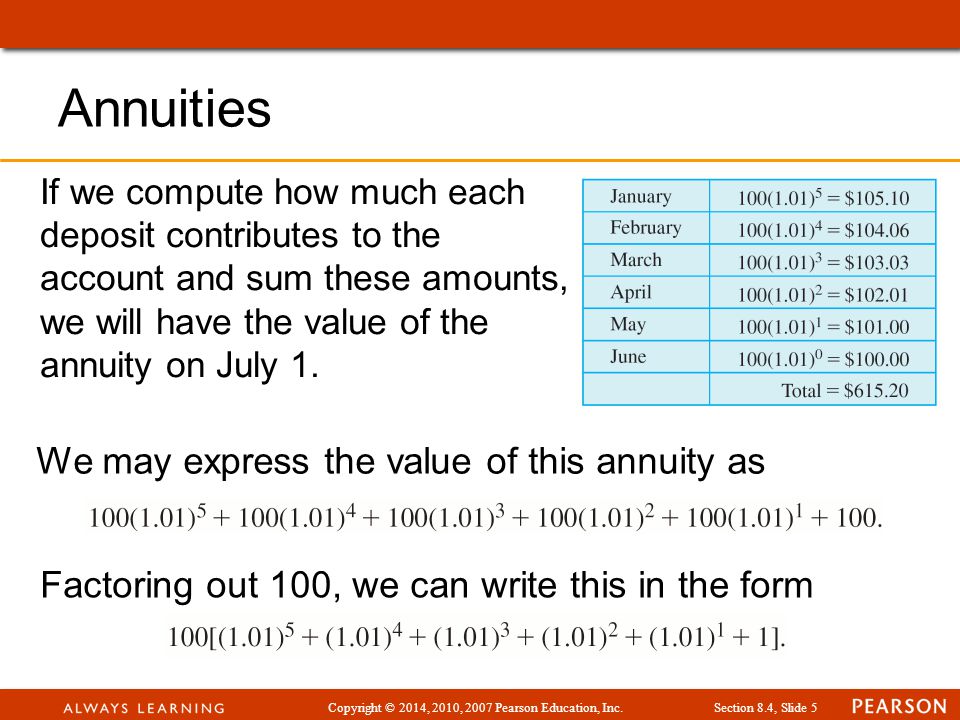Copyright © 2014, 2010, 2007 Pearson Education, Inc.Section 8.4, Slide 5 Annuities If we compute how much each deposit contributes to the account and sum these amounts, we will have the value of the annuity on July 1.