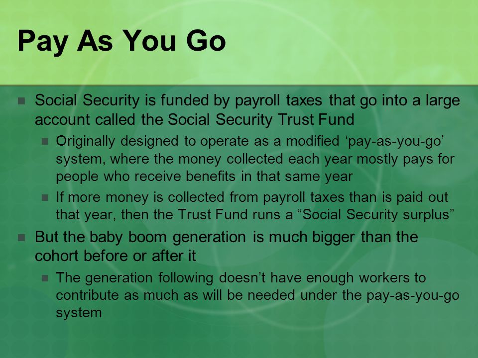 Pay As You Go Social Security is funded by payroll taxes that go into a large account called the Social Security Trust Fund Originally designed to operate as a modified ‘pay-as-you-go’ system, where the money collected each year mostly pays for people who receive benefits in that same year If more money is collected from payroll taxes than is paid out that year, then the Trust Fund runs a Social Security surplus But the baby boom generation is much bigger than the cohort before or after it The generation following doesn’t have enough workers to contribute as much as will be needed under the pay-as-you-go system