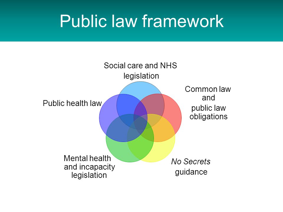 Public law framework Social care and NHS legislation Common law and public law obligations No Secrets guidance Mental health and incapacity legislation Public health law