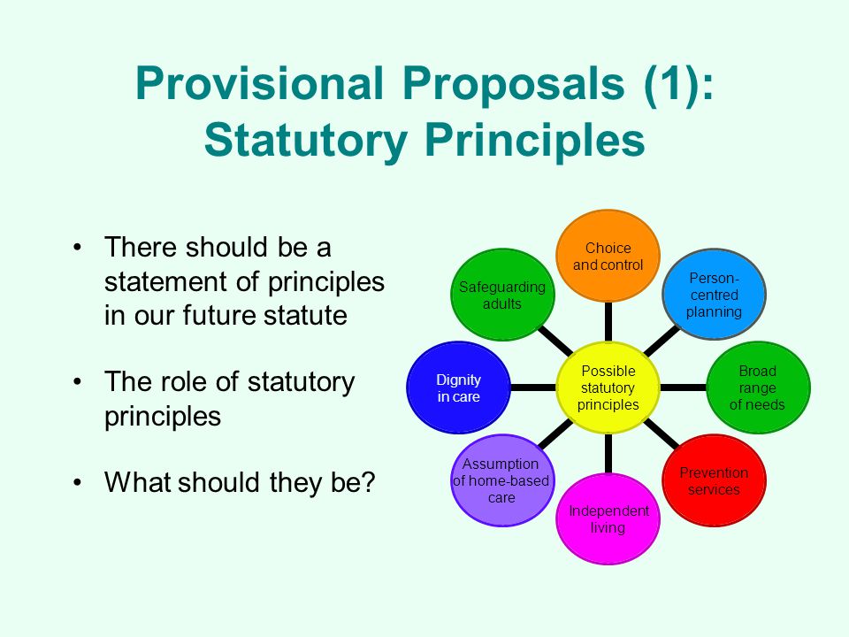 Provisional Proposals (1): Statutory Principles There should be a statement of principles in our future statute The role of statutory principles What should they be.