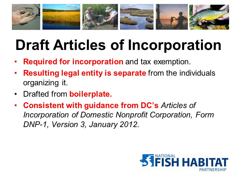 Draft Articles of Incorporation Required for incorporation and tax exemption.