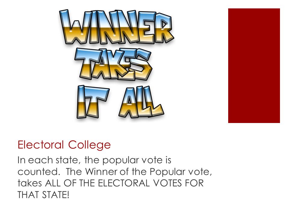 Electoral College In each state, the popular vote is counted.