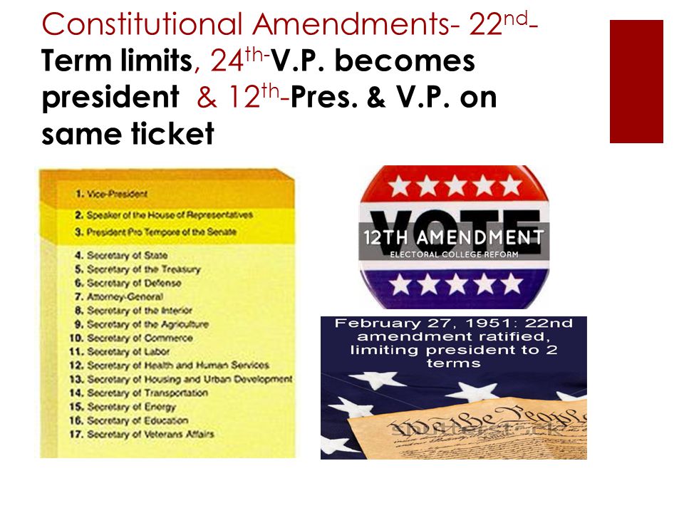 Constitutional Amendments- 22 nd - Term limits, 24 th- V.P.