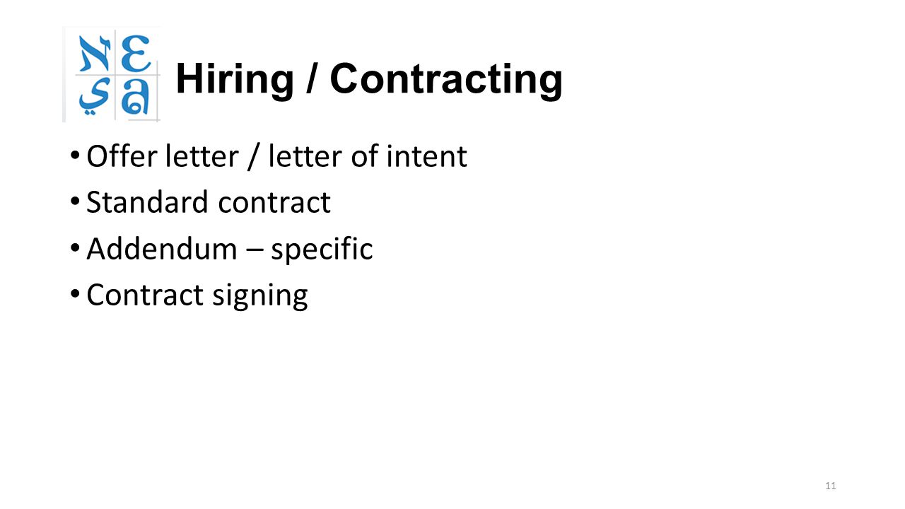 11 Hiring / Contracting Offer letter / letter of intent Standard contract Addendum – specific Contract signing