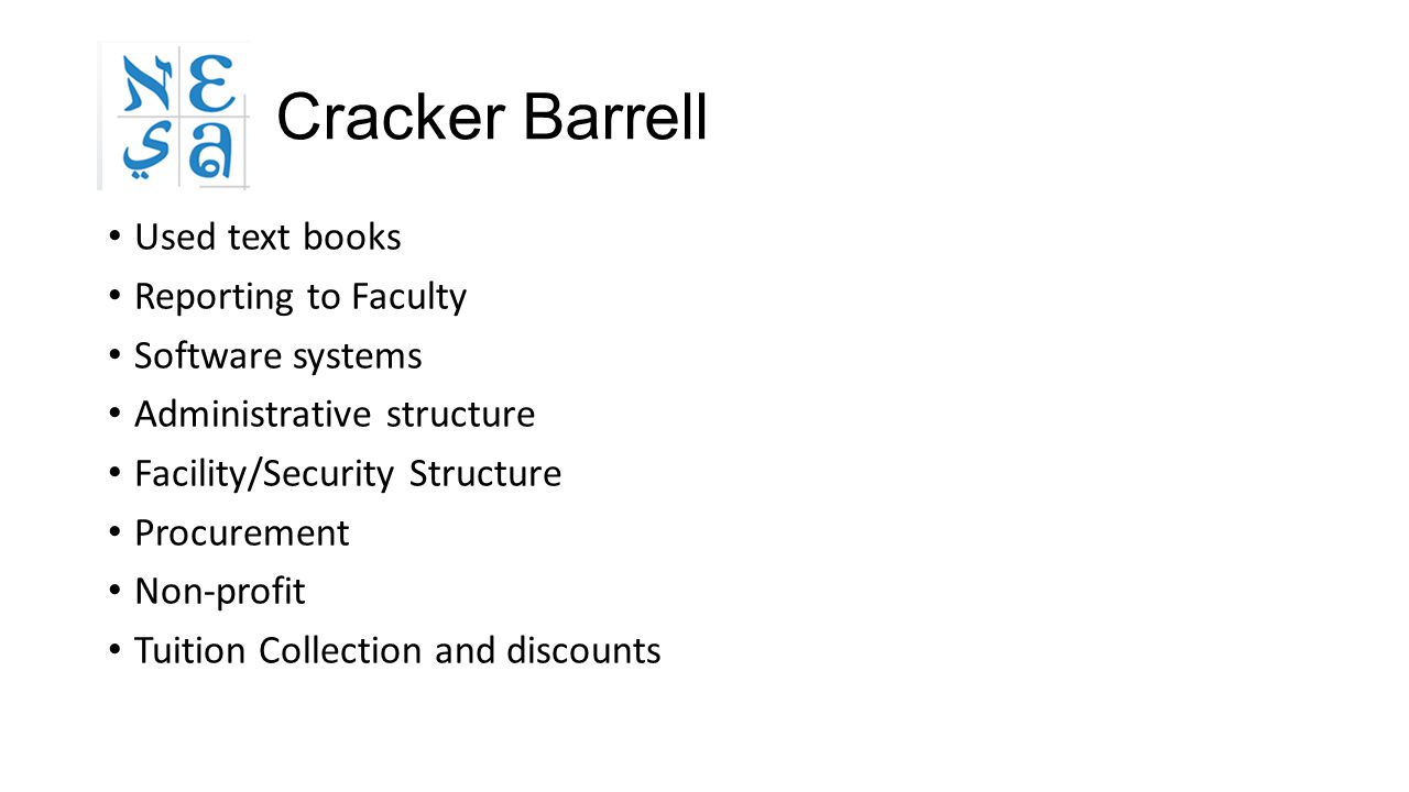 Cracker Barrell Used text books Reporting to Faculty Software systems Administrative structure Facility/Security Structure Procurement Non-profit Tuition Collection and discounts