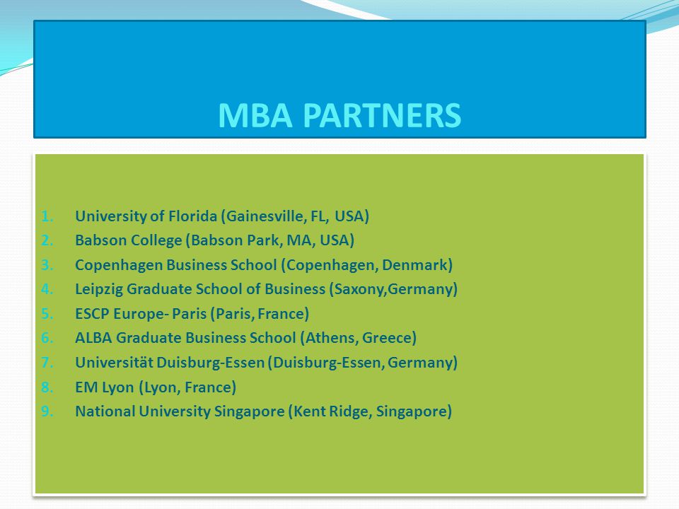 MBA PARTNERS 1. University of Florida (Gainesville, FL, USA) 2.