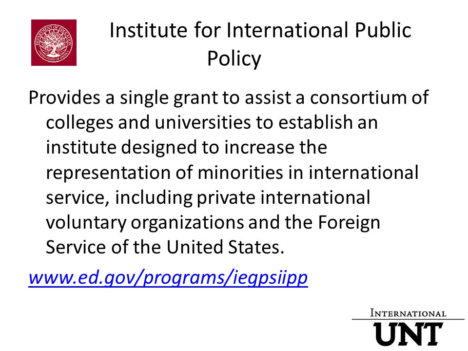 Institute for International Public Policy Provides a single grant to assist a consortium of colleges and universities to establish an institute designed to increase the representation of minorities in international service, including private international voluntary organizations and the Foreign Service of the United States.