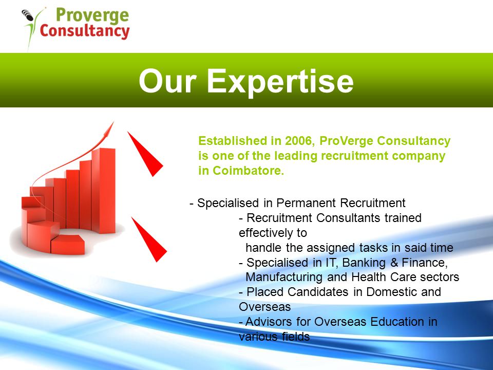 Our Expertise - Specialised in Permanent Recruitment - Recruitment Consultants trained effectively to handle the assigned tasks in said time - Specialised in IT, Banking & Finance, Manufacturing and Health Care sectors - Placed Candidates in Domestic and Overseas - Advisors for Overseas Education in various fields Established in 2006, ProVerge Consultancy is one of the leading recruitment company in Coimbatore.