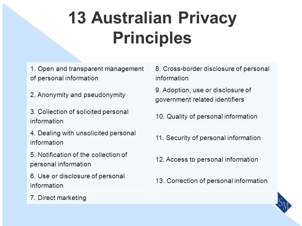 Recent Changes Changes from March 2014 Created by Privacy Enhancement Act Previously 10 National Privacy Principles Now 13 Australian Privacy Principles Overall increased privacy protection New fines and penalties apply