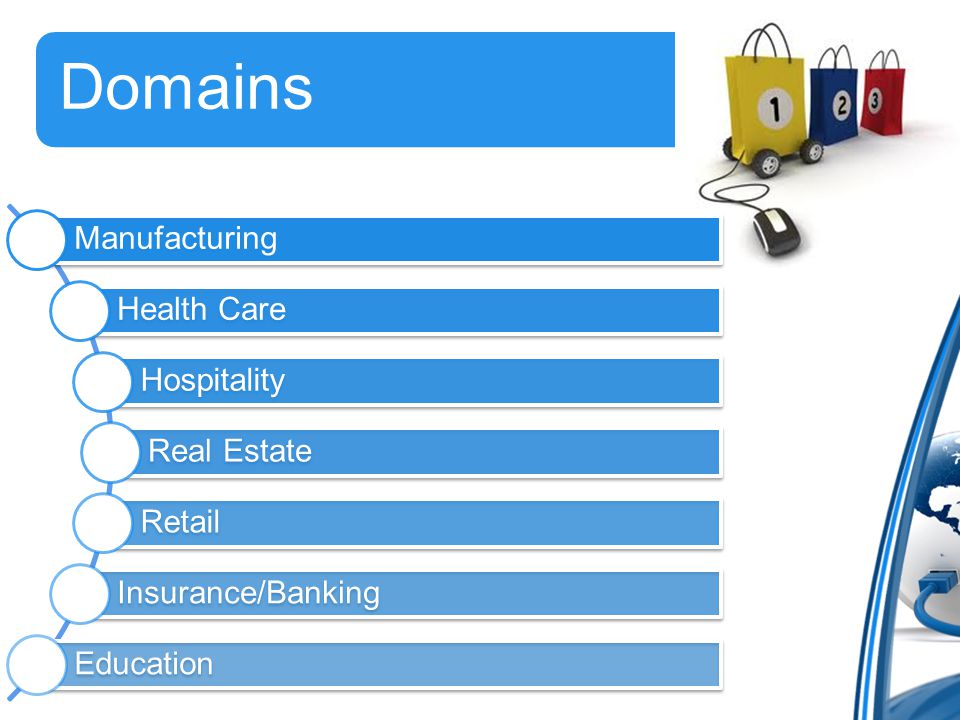 Domains Manufacturing Health Care Hospitality Real Estate Retail Insurance/Banking Education